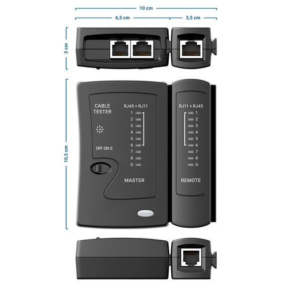 deleyCON Netzwerk Kabeltester RJ11 RJ12 RJ45 ISDN LAN Netzwerkkabel Patchkabel CAT6 CAT7 CAT8 Kabel Tester Leitungstester Kabelprüfer - Schwarz