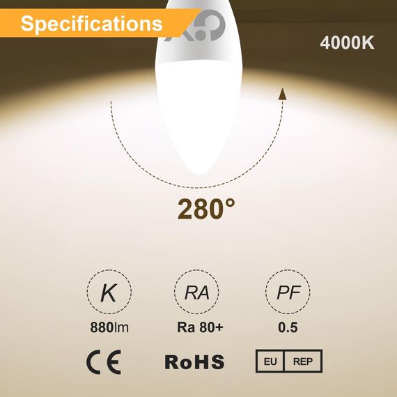 GY LED E14 Glühbirne Ultrahell, 8W LED Lampe ersetzt 60W, C37 Birne 880LM, 4000K Neutralweiß, 280° Abstrahlwinkel, Energiesparlampe Nicht Dimmbar, 12 Stück