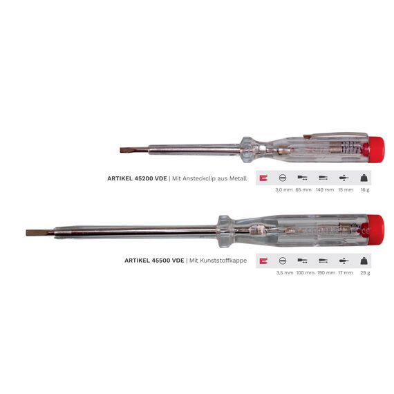 H+H Werkzeug 45200 45500 VDE Standardprüfer, Spannungsprüfer/Phasenprüfer-Set bis 250V-4-tlg. (2X 45200 / 2X 45500) GS geprüft 0680, transparent/rot, 2x 140 mm / 2x 190 mm