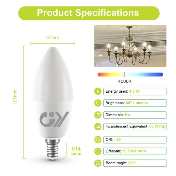 GY E14 LED Neutralweiss Lampe 4.9W 4000K 807 Lumen Neutralweiß Leuchtmittel,C37 Kerze Energiesparlampe 60W lampe ersetzt,Nicht Dimmbar LED Birnen,6 stück [Energieeffizienzklasse C]