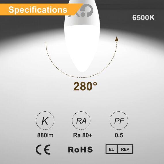 GY E14 LED Ultrahelle Energiespar Glühbirne, 8W Glühbirne E14, Ersetzt 60W lampe, C37 LED Birne 880LM, 6500K Led Kaltweiss, 280° Abstrahlwinkel Energiesparlampe, Nicht Dimmbar, 12 Stück