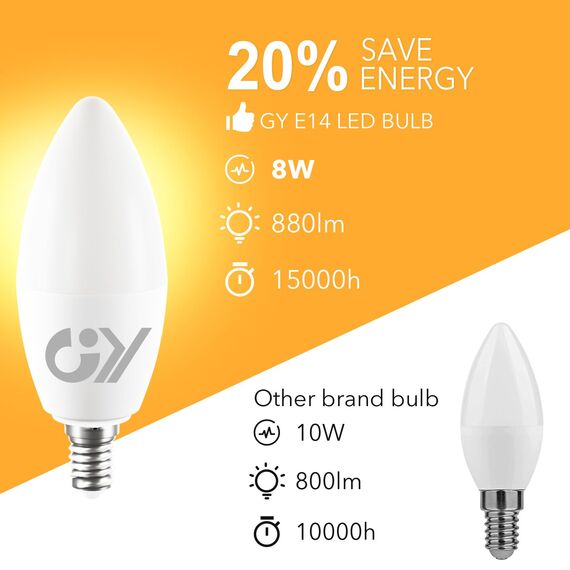 GY E14 LED Ultrahelle Energiespar Glühbirne, 8W Glühbirne E14, Ersetzt 60W lampe, C37 LED Birne 880LM, 6500K Led Kaltweiss, 280° Abstrahlwinkel Energiesparlampe, Nicht Dimmbar, 12 Stück