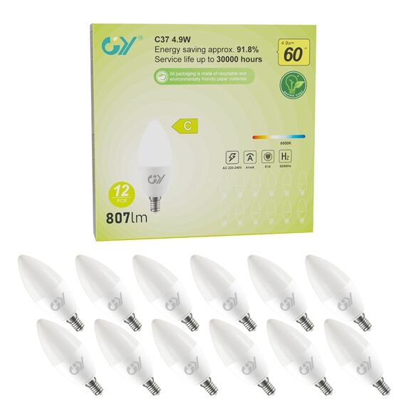 GY E14 LED Kaltweiss Lampe 4.9W 6500K 807 Lumen Kaltweiß Leuchtmittel,C37 Kerze Energiesparlampe 60W lampe ersetzt,Nicht Dimmbar LED Birnen,12 stück [Energieeffizienzklasse C]