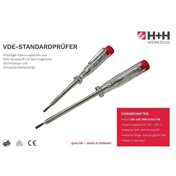 H+H Werkzeug 95200 Elektro-Installations-Set 6-tlg. (Spannungsprüfer/Phasenprüfer/Isolierband/Lüsterklemme) Made in Germany, 140 mm / 190 mm