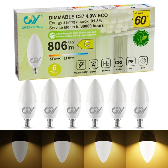 GY E14 LED Dimmbar 4.9W (ersetzt 60W), 807 Lumen Hochhelligkeit, 3000K Warmweiß, C37 Kerzenlampe, Energieklasse C, Flimmerfrei Regulierbar, CE-Zertifizierung, 6er Pack