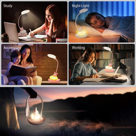 FemKey LED Schreibtischlampe für Kinder, Augenschutz Leselampe, Wiederaufladbare USB Energiespar Nachttischlampe, Dimmbar Touchsensor Tischlampe, Cartoon-Stil Kieselgel Rosa Hase