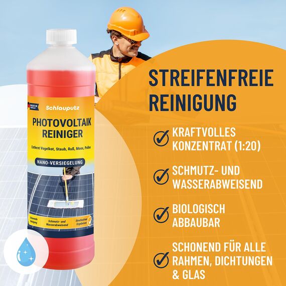 SCHLAUPUTZ Solar- & Photovoltaik Reiniger 1L Konzentrat (1:20) - effiziente Solarpanel Reinigung mit Nano-Versiegelung für PV-Anlagen & Balkonkraftwerke - PV Reinigung mit maximale Energieausbeute