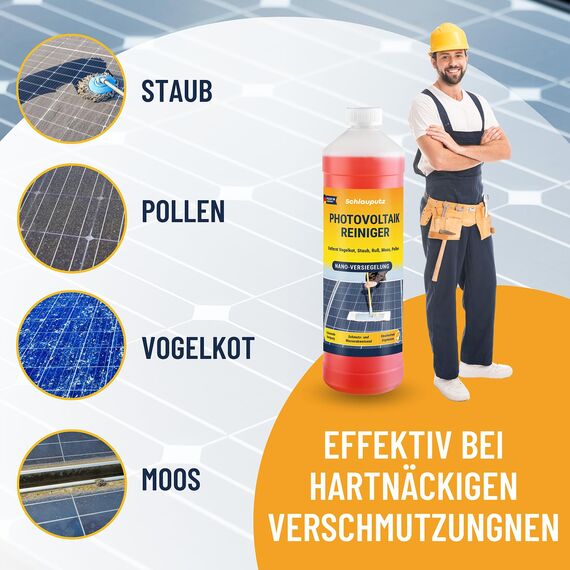 SCHLAUPUTZ Solar- & Photovoltaik Reiniger 1L Konzentrat (1:20) - effiziente Solarpanel Reinigung mit Nano-Versiegelung für PV-Anlagen & Balkonkraftwerke - PV Reinigung mit maximale Energieausbeute
