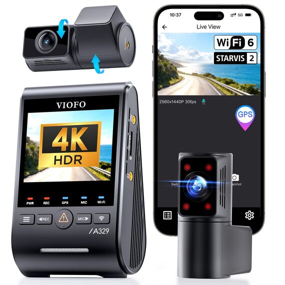 VIOFO A329S 3CH 4K Dashcam vorne hinten, 4K + 2K + 2K Dashcam Auto 3 Lens, Energiespar-Parkmodus, 210°Ultraweitwinkel Innenkamera, Wi-Fi 6 u. App Steuerung, Drei STARVIS 2 Autokamera, optional 4TB SSD