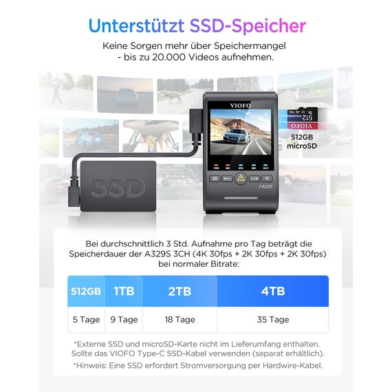 VIOFO A329S 3CH 4K Dashcam vorne hinten, 4K + 2K + 2K Dashcam Auto 3 Lens, Energiespar-Parkmodus, 210°Ultraweitwinkel Innenkamera, Wi-Fi 6 u. App Steuerung, Drei STARVIS 2 Autokamera, optional 4TB SSD