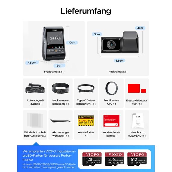 VIOFO A329S 2CH 4K 60FPS Dashcam vorne hinten, 4K + 2K Dual Dashcam Auto, Upgraded Energiespar-Parkmodus, Wi-Fi 6 u. App Steuerung, Dual STARVIS 2 Autokamera, Nachtsicht/HDR 2.0, optional 4 TB SSD