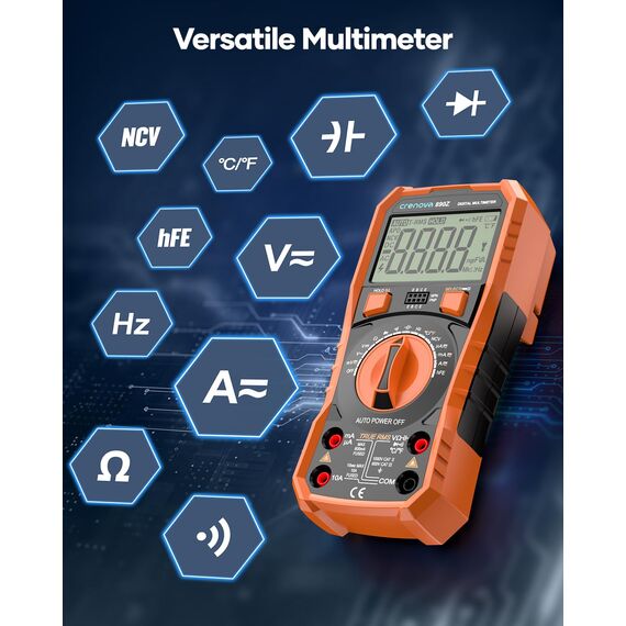 Crenova Digital multimeter, TRMS Voltmeter Ammeter Auto-Range 6000 Zähler Ohmmeter, misst Spannung Kapazität Temp Wiederstand mit Large LCD-Anzeige und Hintergrundlicht, for Automotive, Elektrike