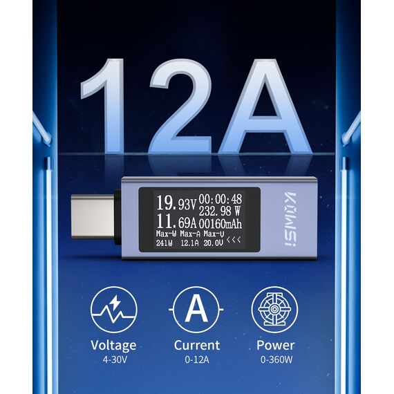USB C Tester Messgerät Voltmeter USB Multimeter 4-30V 0-12A Typ-C Strommessgerät Anzeige Spannung und Strom Tester PD QC USB Power Meter Kapazität Spannungsprüfer Strommesser