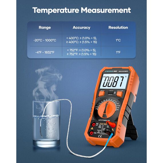 Crenova Digital multimeter, TRMS Voltmeter Ammeter Auto-Range 6000 Zähler Ohmmeter, misst Spannung Kapazität Temp Wiederstand mit Large LCD-Anzeige und Hintergrundlicht, for Automotive, Elektrike