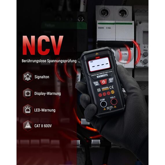 KAIWEETS Multimeter Digitales True RMS, 4000 Counts, Berührungsloser Spannungsprüfer, Auto-Ranging, Intelligentes Voltmeter Messgerät für AC/DC Spannung, Widerstand, Durchgangsprüfer Schwarz - KM200s