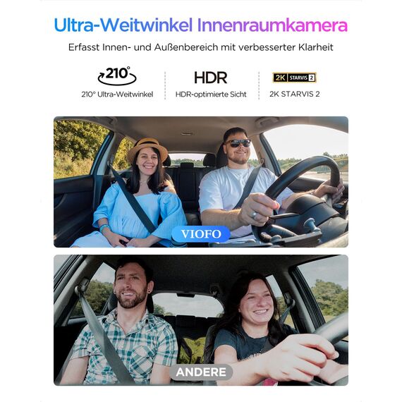 VIOFO A329S 3CH 4K Dashcam vorne hinten, 4K + 2K + 2K Dashcam Auto 3 Lens, Energiespar-Parkmodus, 210°Ultraweitwinkel Innenkamera, Wi-Fi 6 u. App Steuerung, Drei STARVIS 2 Autokamera, optional 4TB SSD
