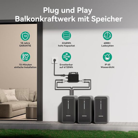 Marstek B2500 Speicher 2240Wh für Balkonkraftwerke, LiFePO4 Akku 6000 Ladezyklen, Erweiterbar, Einfache Installation, IP65 wasserdicht & staubfest (B2500D)