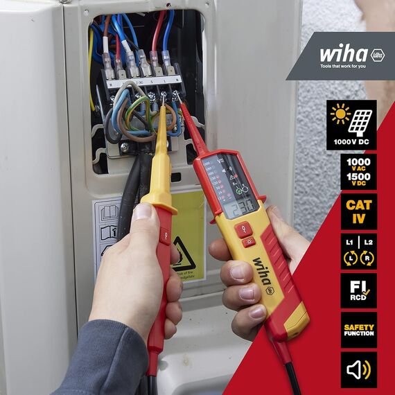 Wiha Spannungs- und Durchgangsprüfer 0,5 - 1.000 V AC, CAT IV inkl. 2x AAA-Batterien I Photovoltaik-tauglich I LED-Anzeige (45217)