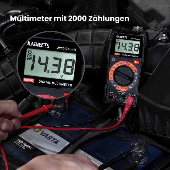 KAIWEETS Digital Multimeter KM100, Spannungsmesser für AC/DC Spannung, DC Strom, Durchgang, Widerstand, Diode (mit Messleitungen) Schwarz