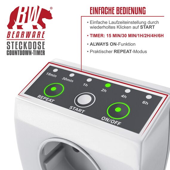 Countdown Timer Steckdose - Zeitschaltuhr - Zeitschalter - Steckdosentimer - mechanischer Timer – Energiespar-Dose - für Heizlüfter - 240 V - 3840W - Energieeffizient - Weiß