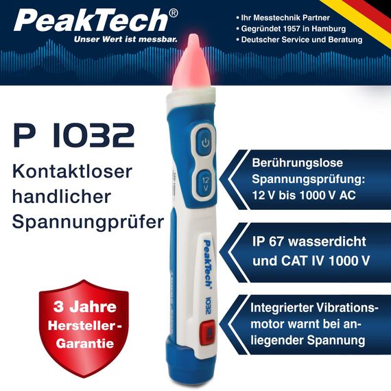 PeakTech P 1032 AC Spannungsprüfer berührungslos [+LED Signal Lampe & Vibration] 12-1000 V AC Betriebsbereich, Leitungssuchgerät, Leitungssucher, Phasenprüfer Stromprüfer, Leitungsfinder 160x28mm