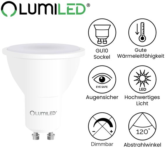 Lumiled LED GU10 10W ersetzt 90W 1000lm 3000K Warmweiß 120° Nicht Dimmbar 10er Pack Energiespar Leuchtmittel Reflektor Spot für Küche Wohnzimmer Büro Flur