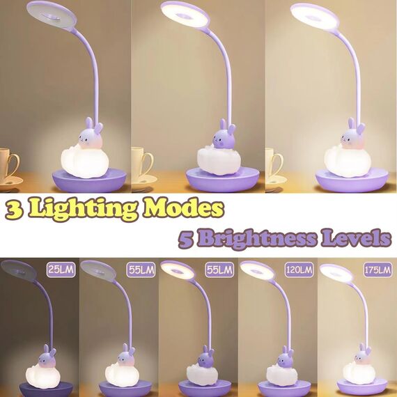 FemKey LED Schreibtischlampe für Kinder, Augenschutz Leselampe, Wiederaufladbare USB Energiespar Nachttischlampe, Dimmbar Touchsensor Tischlampe, Cartoon Kaninch Lila