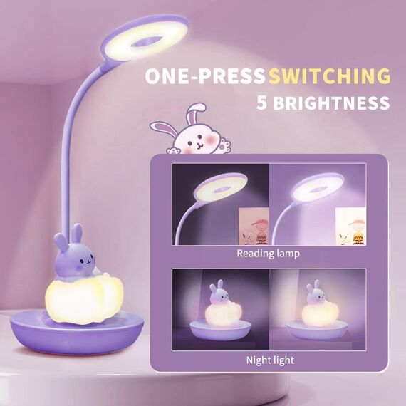 FemKey LED Schreibtischlampe für Kinder, Augenschutz Leselampe, Wiederaufladbare USB Energiespar Nachttischlampe, Dimmbar Touchsensor Tischlampe, Cartoon Kaninch Lila