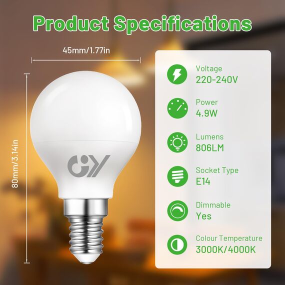 GY E14 LED Dimmbar 4.9W (ersetzt 60W), 807 Lumen Hochhelligkeit, 3000K Warmweiß, G45 P45 Mini-Globe, Energieklasse C, Flimmerfrei Regulierbar, LED Leuchtmittel für Nachttischlampe, 6er Pack