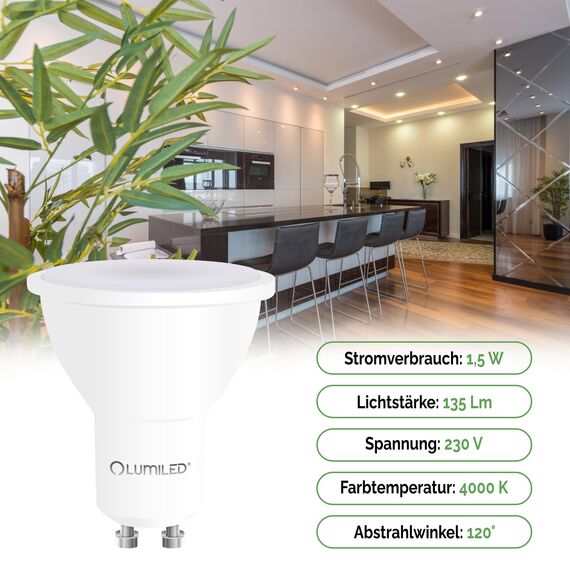 Lumiled GU10 LED, 1.5W 135 Lumen Leuchtmittel, 4000K neutralweiß Birne Lampe Strahler Spot, ersetzt 15W Halogenlampen, 120° Grad Strahlwinkel Reflektorlampen Reflektor 10 Stück Energiesparlampen