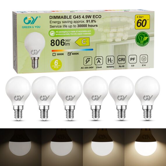 GY E14 LED Dimmbar 4.9W (ersetzt 60W), 807 Lumen Hochhelligkeit, 4000K Neutralweiß, G45 P45 Mini-Globe, Energieklasse C, Flimmerfrei Regulierbar, LED Leuchtmittel für Küche & Bad, 6er Pack