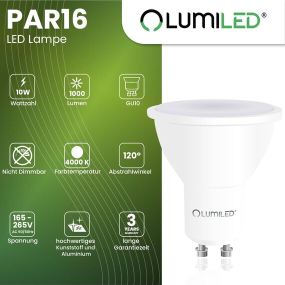 Lumiled LED GU10 10W ersetzt 90W 1000lm 4000K Neutralweiß 120° Nicht Dimmbar 10er Pack Energiespar Leuchtmittel Reflektor Spot für Küche Wohnzimmer Büro Flur