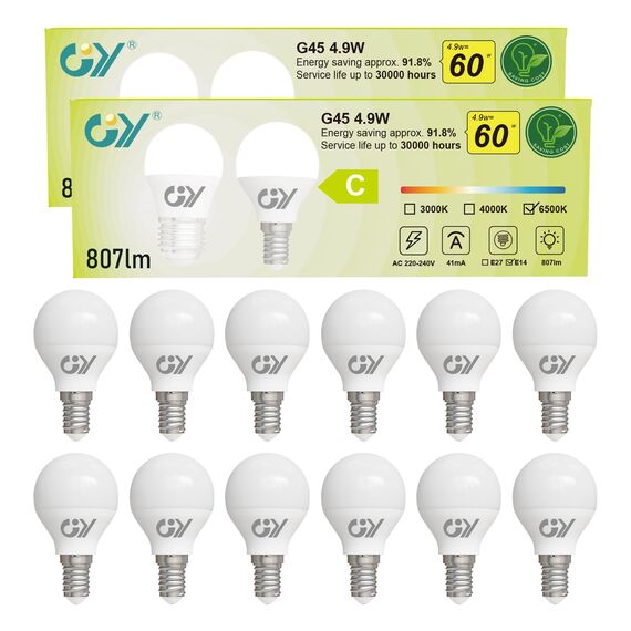 GY E14 LED Kaltweiss Lampe 4.9W 6500K 807 Lumen Kaltweiß Leuchtmittel,G45/P45 Energiesparlampe 60W lampe ersetzt,Nicht Dimmbar LED Birnen,12 stück