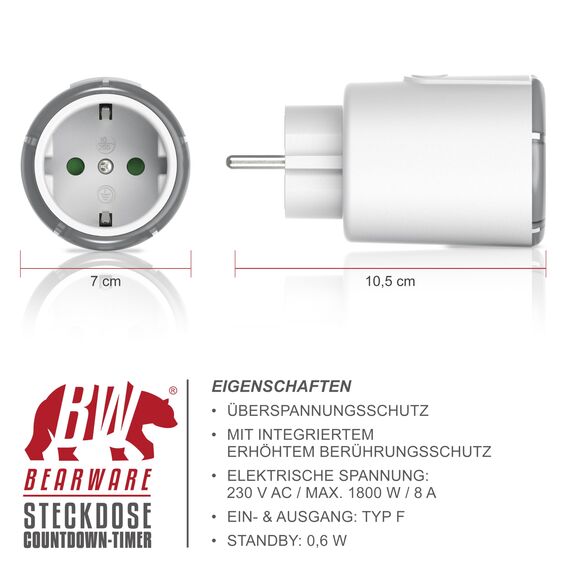 CSL - Digitaler Countdown Timer - Zeitschaltuhr - Energiespar Steckdose - Zeitschalter 1 2 3 4 5 Stunden - Steckdose mit integriertem Berührungsschutz - Energieeffizient Weiß