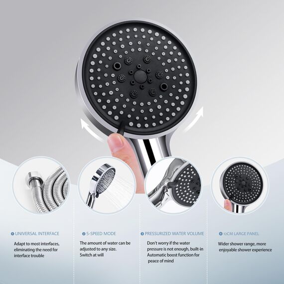 Netinpeater Universal Duschkopf, Duschbrause mit Schlauch 2M, Sparduschkopf Regendusche Energiespar Druckerhöhend, Duschbrause Set mit 5 Strahlarten, (Mit Schlauch 2M)