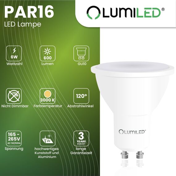 Lumiled LED GU10 PAR16 6W ersetzt 50W 600lm 3000K Warmweiß 120° Nicht Dimmbar 10er Pack Energiespar Leuchtmittel Reflektor Spot für Küche Wohnzimmer Büro Flur
