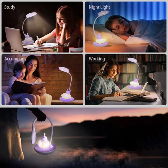 FemKey LED Schreibtischlampe für Kinder, Augenschutz Leselampe, Wiederaufladbare USB Energiespar Nachttischlampe, Dimmbar Touchsensor Tischlampe, Cartoon Kaninch Lila