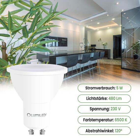 Lumiled GU10 LED Lampe 5W 470lm 6500K Kaltweiß Strahler Spot Reflektor 120° Abstrahlwinkel ersetzt 35W Standardlampe Energiespar Leuchtmittel 10 Stück