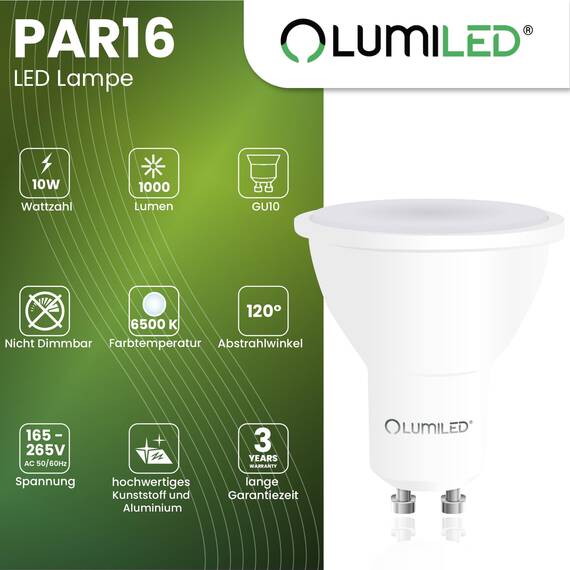 Lumiled LED GU10 10W ersetzt 90W 1000lm 6500K Kaltweiß 120° Nicht Dimmbar 10er Pack Energiespar Leuchtmittel Reflektor Spot für Küche Wohnzimmer Büro Flur