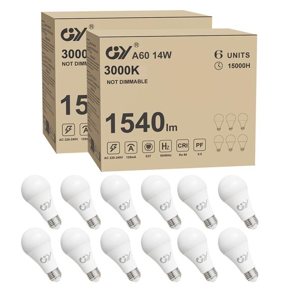 GY E27 LED Ultrahelle Energiespar Glühbirne, 14W Glühbirne E27, Ersetzt 100W lampe, A60 LED Birne 1540LM, 3000K Led Warmweiss, 280° Abstrahlwinkel Energiesparlampe, Nicht Dimmbar, 12 Stück