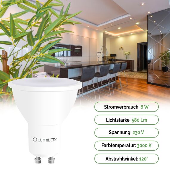Lumiled GU10 LED, 6W 580 Lumen Leuchtmittel, 3000K warmweiß Birne Lampe Strahler Spot, ersetzt 50W Halogenlampen, 120° Grad Strahlwinkel Reflektorlampen Reflektor 10 Stück Energiesparlampen