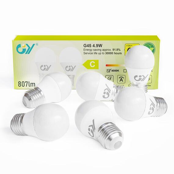GY E27 LED Neutralweiss Lampe 4.9W 4000K 807 Lumen Neutralweiß Leuchtmittel,G45/P45 Energiesparlampe 60W lampe ersetzt,Nicht Dimmbar LED Birnen,6 stück