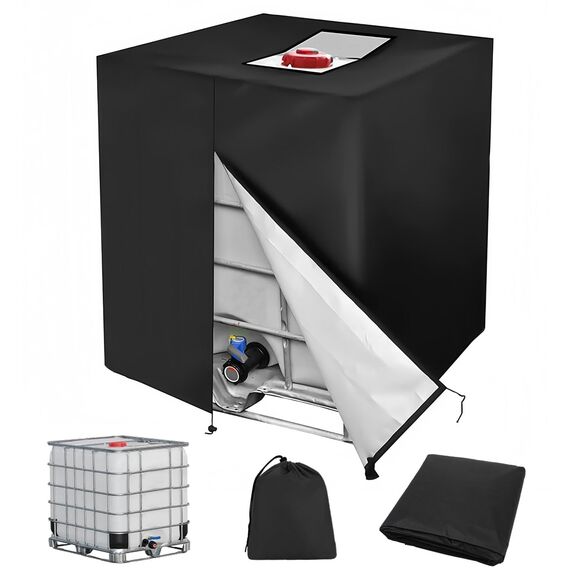 Druuzyl IBC Tank Abdeckung 1000L mit Reißverschluss - UV-Schutzplane 120x100x116cm - Passend für IBC Container & Regentonnen - Wasserdichte Schutzfolie mit Belüftung - Inkl. Befestigungsbändern