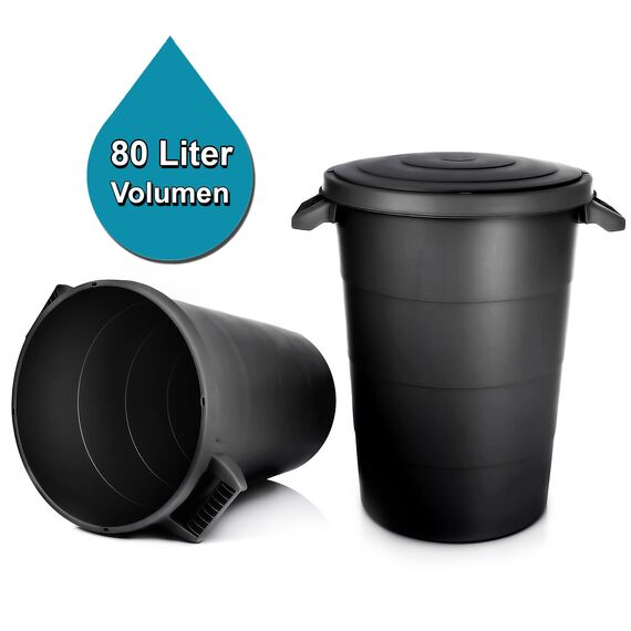 BigDean wetterfeste Universaltonne mit Deckel und 2 stabilen Tragegriffen 80 Liter SCHWARZ - Regentonne Mülleimer - Indoor und Outdoor geeignet - Made in Europe