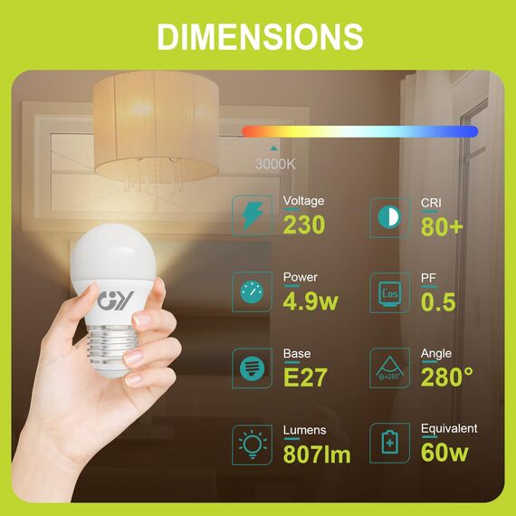 GY E27 LED Warmweiss Lampe 4.9W 3000K 807 Lumen Warmweiß Leuchtmittel,G45/P45 Energiesparlampe 60W lampe ersetzt,Nicht Dimmbar LED Birnen,12 stück