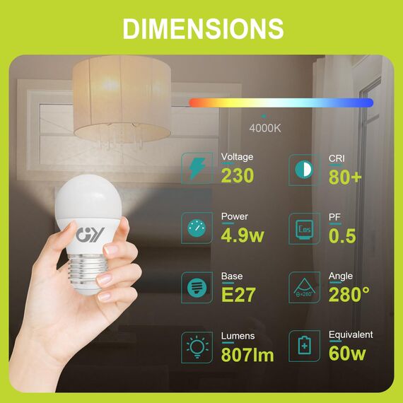 GY E27 LED Neutralweiss Lampe 4.9W 4000K 807 Lumen Neutralweiß Leuchtmittel,G45/P45 Energiesparlampe 60W lampe ersetzt,Nicht Dimmbar LED Birnen,6 stück