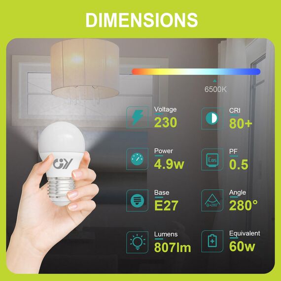 GY E27 LED Kaltweiss Lampe 4.9W 6500K 807 Lumen Kaltweiß Leuchtmittel,G45/P45 Energiesparlampe 60W lampe ersetzt,Nicht Dimmbar LED Birnen,6 stück