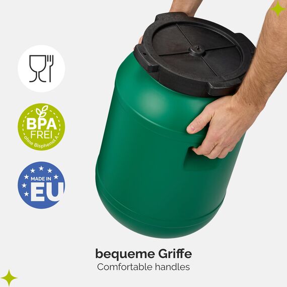Garronda 30 Liter Weithalsfass aus BPA-freiem Futtertonne Fass Universalfass Lebensmittel Fass Regenfass für Garten Regentonne mit Deckel Regenwassertonne für Garten Wassertonne GD-0078, Grün