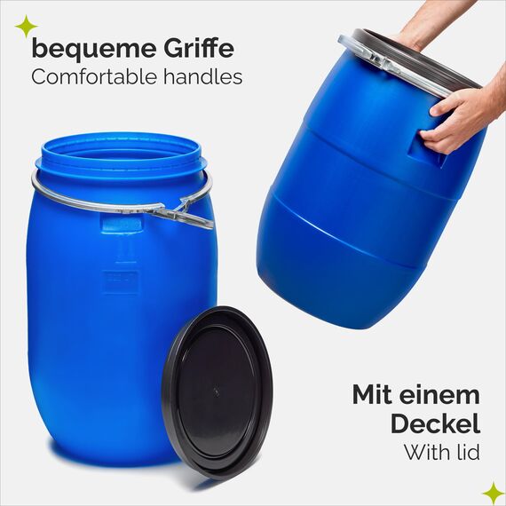 Garronda 220 Liter Regentonne mit Deckel Weithalsfass aus HDPE Regenfass für Garten Fass 220l Regenwassertonne Futtertonne Wasserbehälter Universalfass Wasserfass Regentonnen Wassertank GD-0078, Blau