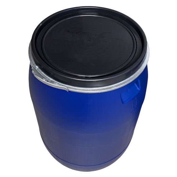 plasteo® 220 Liter Weithalsfass mit Deckel und Spannring, Lebensmittelecht BPA-Frei, Futtertonne Kunststofffass Deckelfass Regentonne Regenfass Lagerfass Sauerkrautfas, Stapelbar Palettengerecht, Blau